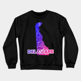 Colorful mandala art map of Delaware with text in blue and violet Crewneck Sweatshirt